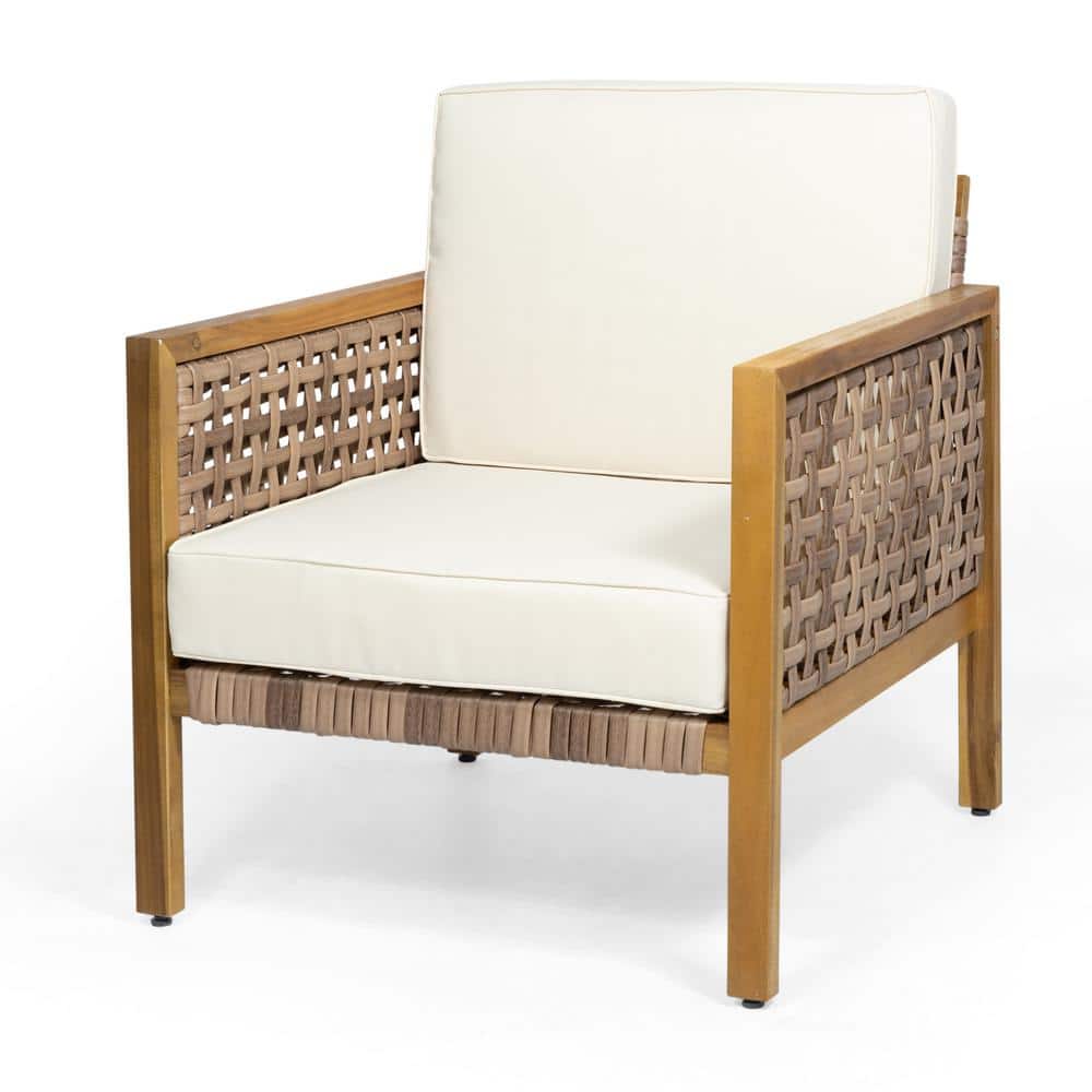 Teak Faux Rattan Club Armchair with Beige Cushions