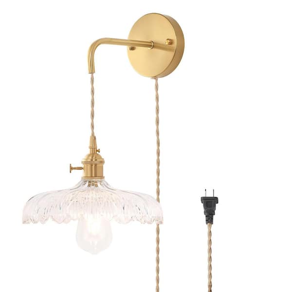 Ahfiwaso Retro 4.72 in. 1-Light Gold Plug-in Vintage Smart Home Wall Sconce with Flower Clear Glass Shade