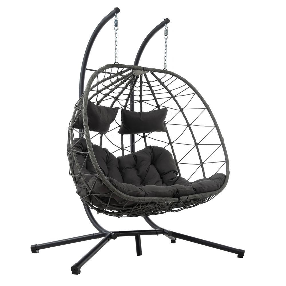 2-Person Wicker Egg Chair with Stand Indoor/Outdoor Hanging Swing for Patio