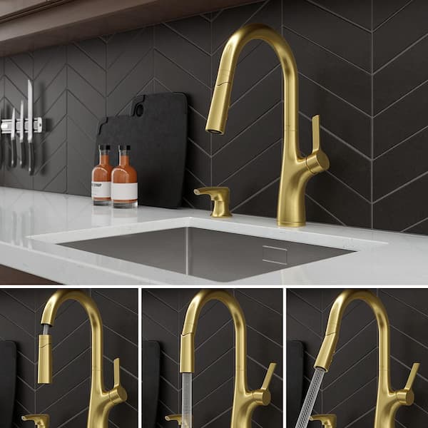 Ceylon Brushed Gold Single Handle High-Arc Kitchen Faucet with Deck Plate and Soap Dispenser Included
