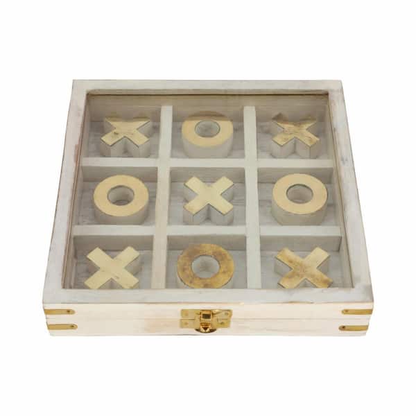 Liv & Skye White 8 in. x 8 in. Wood Tic Tac Toe Game Set with Hinged Storage Case