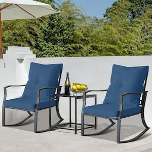 Black Rocking Chair 3-Piece Metal Outdoor Bistro Set with Blue Cushions and Glass Coffee Table