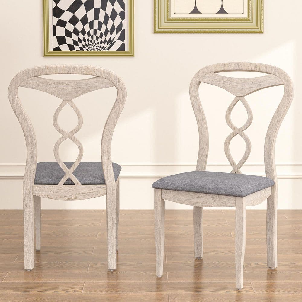 (Set of 2) Upholstered Dining Chairs, Gray Solid Wood Frame Kitchen Chairs with Twisted Ribbon Backrest, Padded Seat
