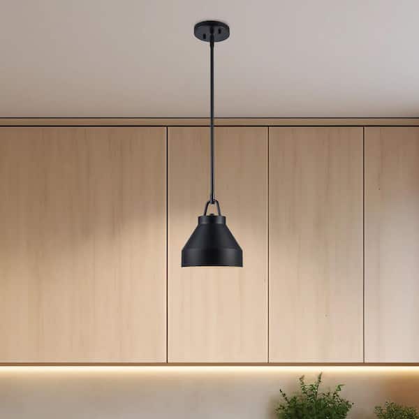 Lowen 8.25 in. 1-Light Black Pendant Light Fixture with Black Metal Dome Shade