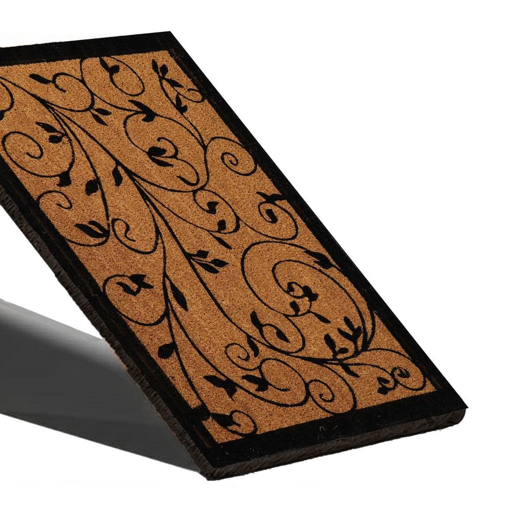 Natural Coir Outdoor Doormat with Black Leafy Vine Print