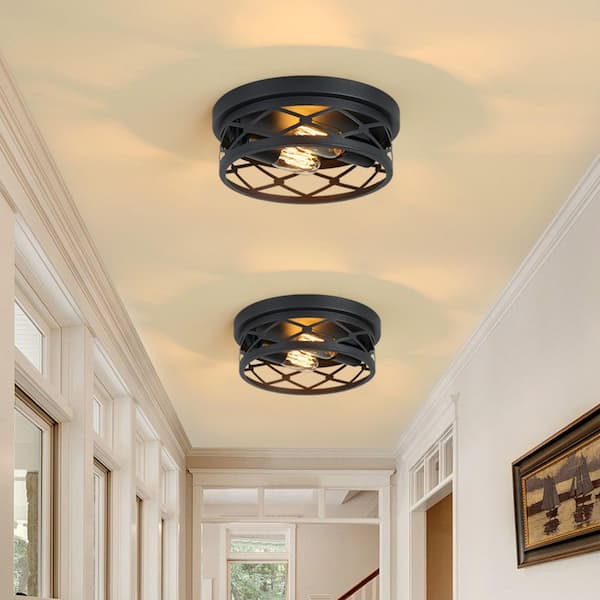 GMGSROM 10.7 in. 2-lights Matte Black Flush Mount Ceiling Light Fixtures With Cage-style Metal Frame(2-Pack)