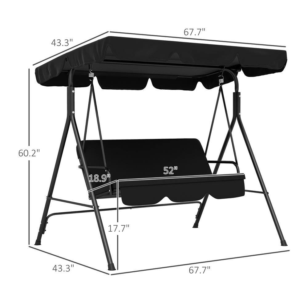 Black Steel Frame 3-Person Outdoor Patio Swing with Adjustable Canopy