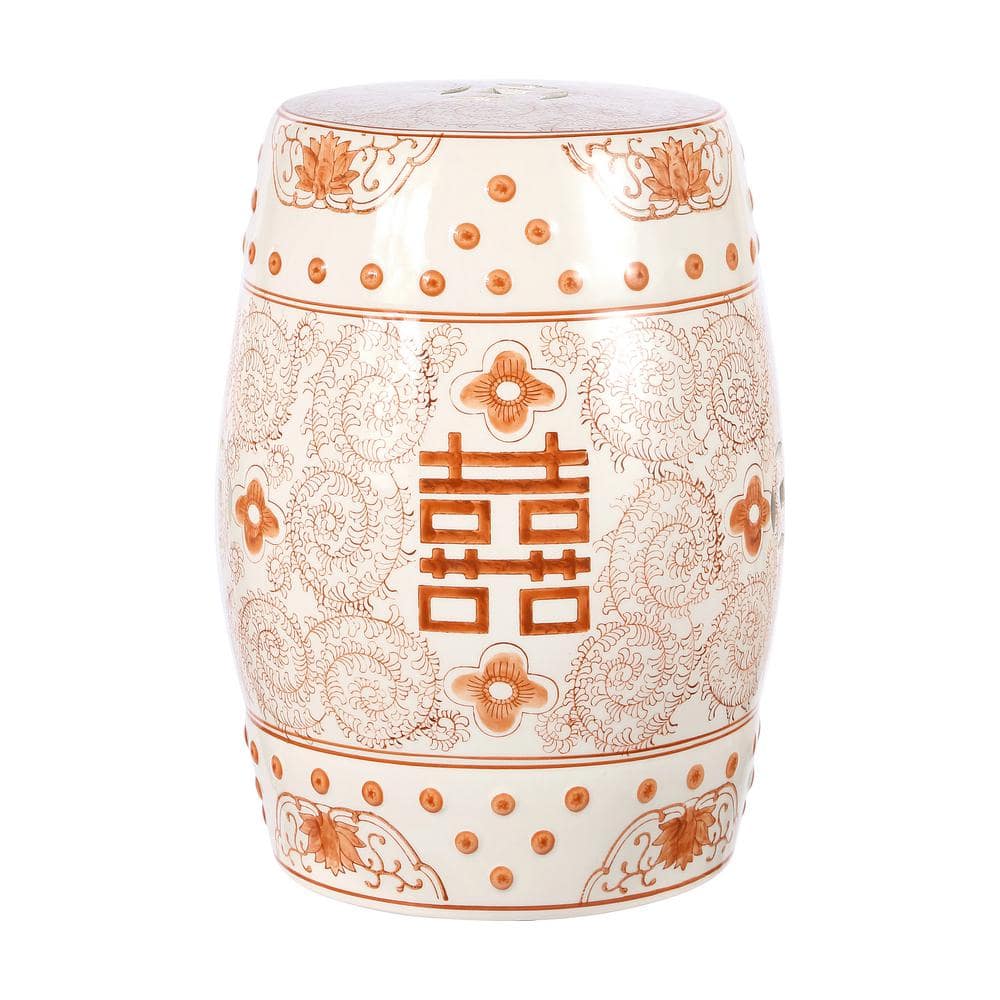 18" Orange and White Ceramic Chinoiserie Drum Garden Stool