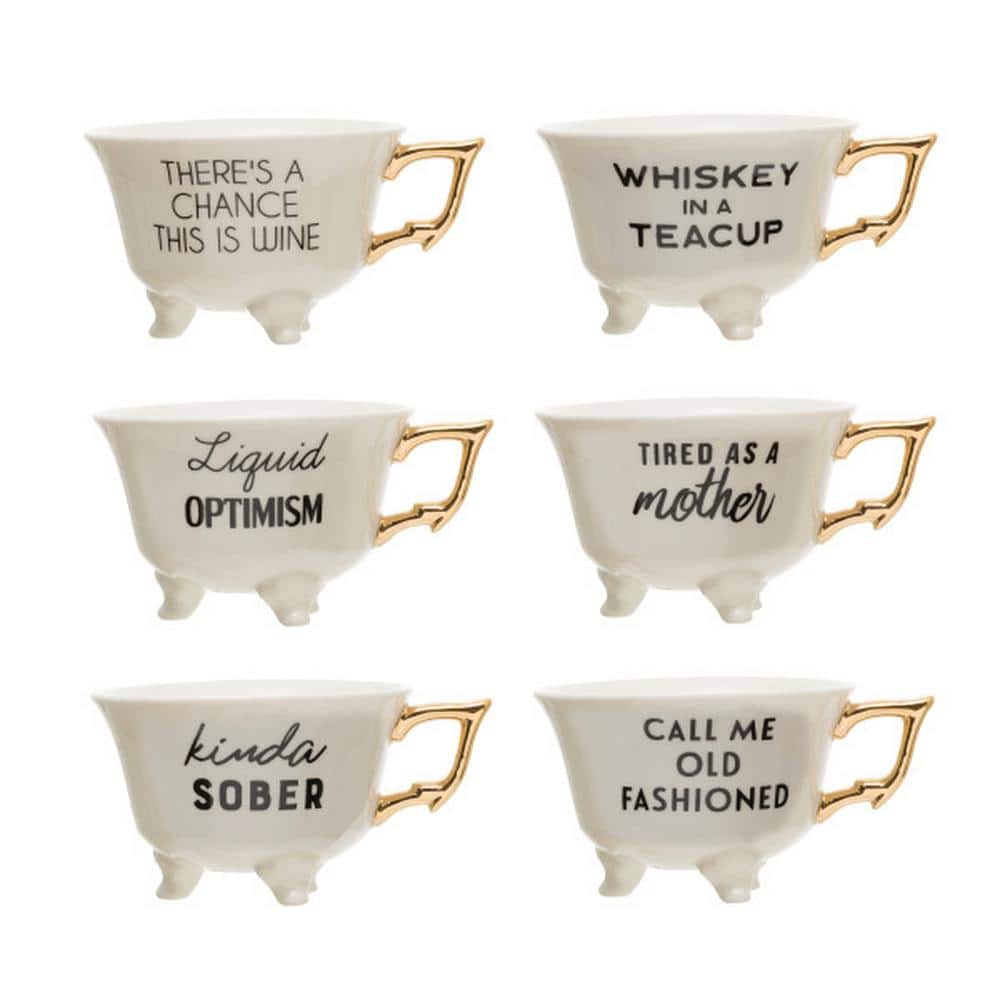 White Ceramic Footed Teacups with Gold Handles, Set of 6