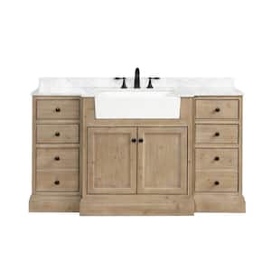 Kelly 60 in. Single Bath Vanity in Weathered Fir with Marble Vanity Top in Carrara White with Farmhouse Basin