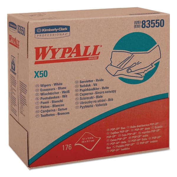 WYPALL X50 Cloths, POP-UP Box, 9-1/10 in. x 12-1/2 in., White, 176/Box, 10 Boxes/Carton