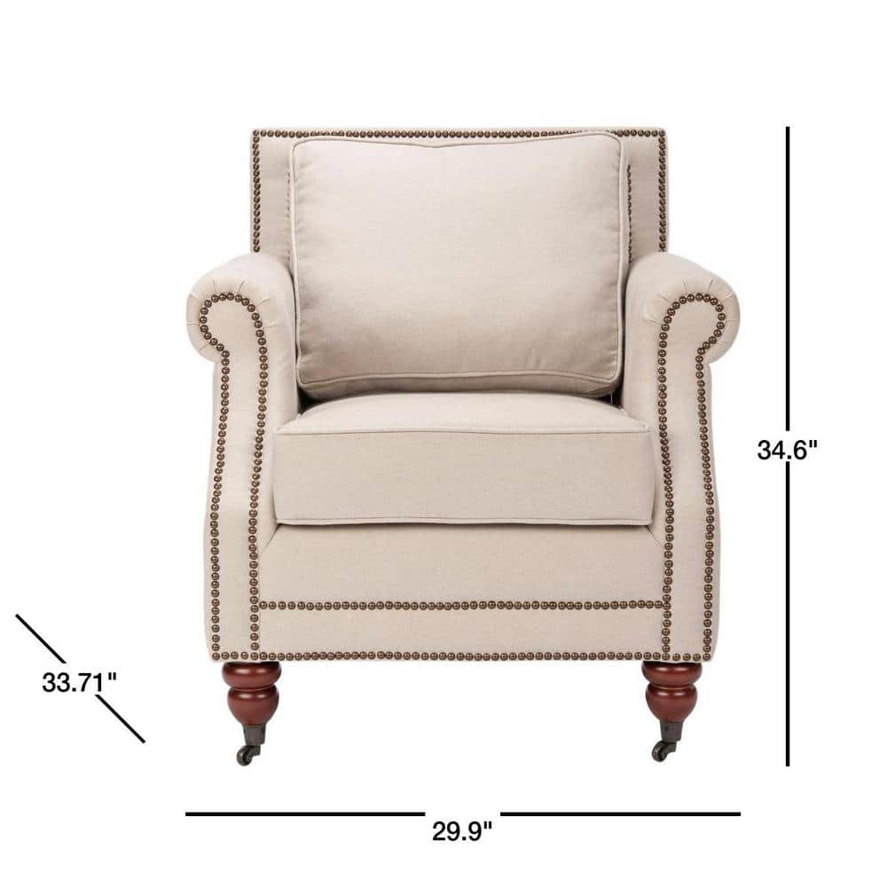 Beige Linen Arm Chair with Dark Cherry Wood Legs