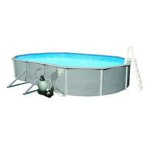 Belize 12 ft. x 24 ft. Oval x 48 in. Deep Metal Wall Above Ground Pool Package with 6 in. Top Rail