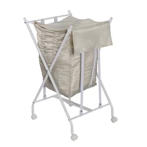 White/Natural Steel and Polycotton Single Bounce Back No Bend Laundry Hamper with Wheels
