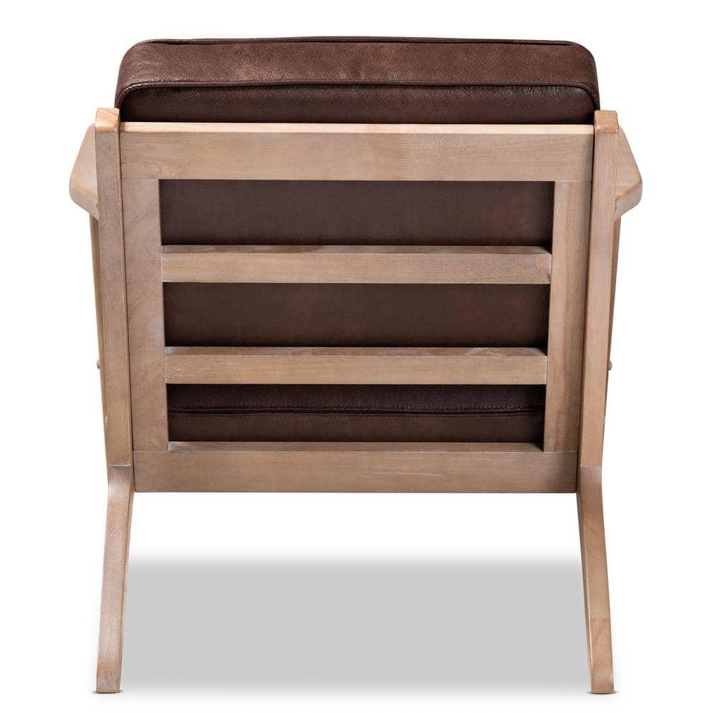 Dark Brown Faux Leather and Oak Mid-Century Accent Chair