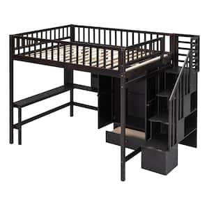 Full Size Loft Bed with Bookshelf, Drawers, Desk, and Wardrobe-Espresso