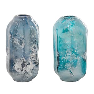 12 in., 11 in. Blue Handmade Blown Glass Decorative Vase (Set of 2)