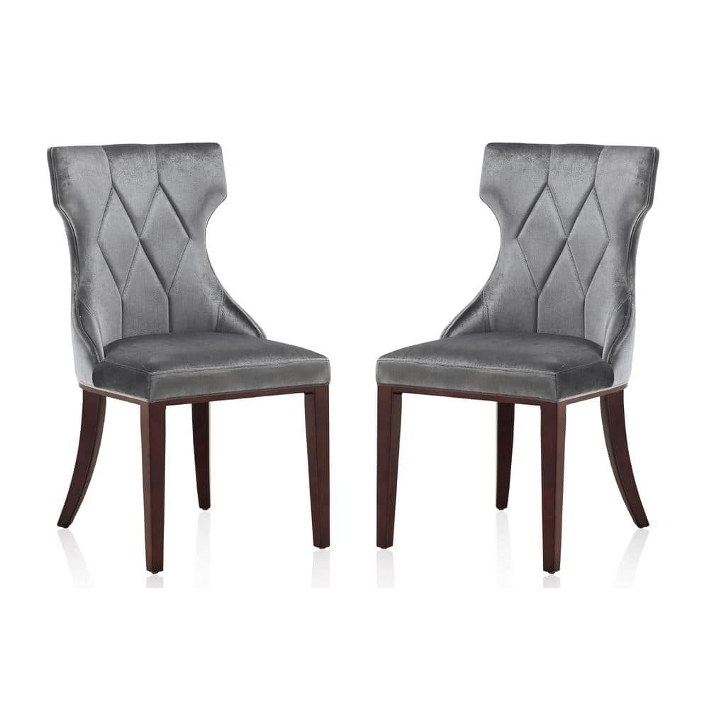 Luxurious Gray Velvet Wing-Back Side Chair with Walnut Wood Legs