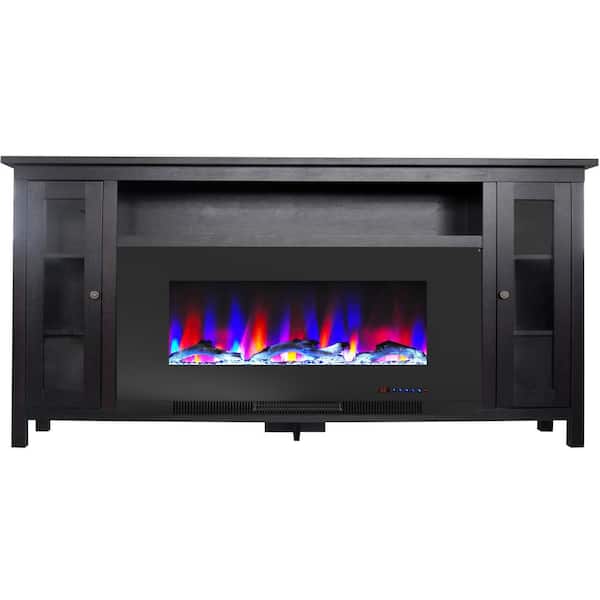 Hanover Brighton 69.7 in. Freestanding Electric Fireplace TV Stand in Dark Coffee with Driftwood Log Display