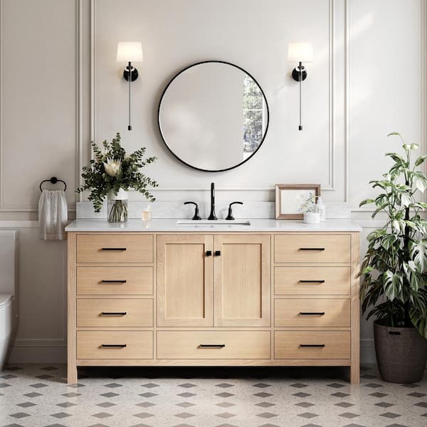 ARIEL Cambridge 67 in. W x 22 in. D x 35 in. H Single Freestanding Bath Vanity in Oak with Italian Carrara Marble Top