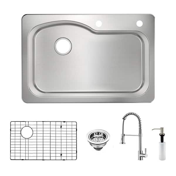 PELHAM & WHITE Belmar Dual Mount 18-Gauge Stainless Steel 33 in. 2-Hole Single Bowl Kitchen Sink with Grid, Drain, Pre-Rinser Faucet