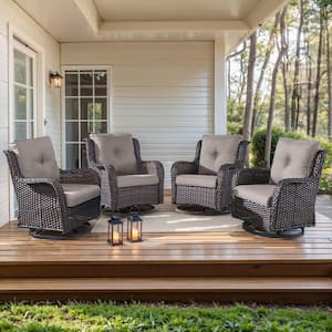 4-Piece Brown Swivel Glider Wicker Outdoor Rocking Chair with Gray Cushions and Curved Armrest