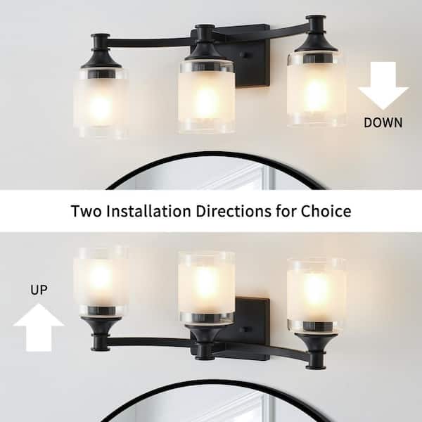 20.25 in. 3-Light Painted Black Vanity Light with Clear Edge and Frosted Glass Shades