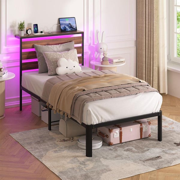 Brown Metal Frame Twin Platform Bed with Lighting and Charging Headboard