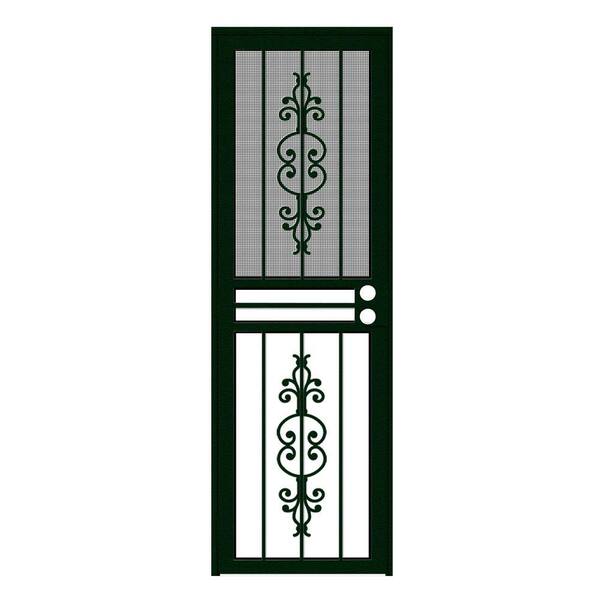 Unique Home Designs 28 in. x 80 in. Estate Forest Green Recessed Mount All Season Security Door with Insect Screen and Glass Inserts