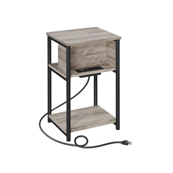 Benjara 13.39 in. Gray and Black Square Wood End Table with 2 AC Outlets and 2 USB Ports