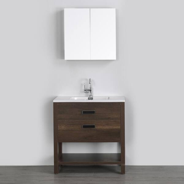 Streamline 31.5 in. W x 32.3 in. H Bath Vanity in Brown with Resin Vanity Top in White with White Basin and Mirror