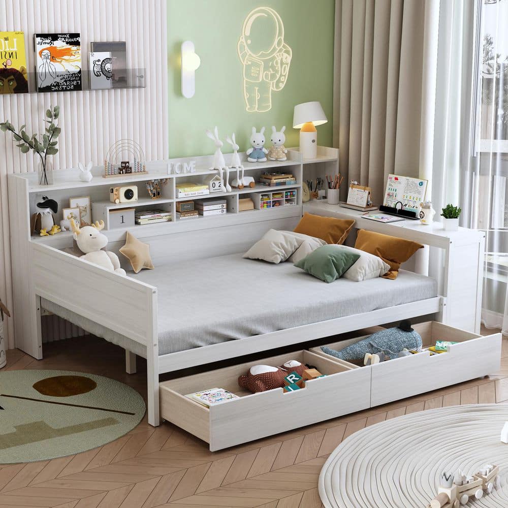 Pace Multi-functional Antique White Full Size Wooden Daybed with Desk, Storage Shelves, and Drawers price history on PriceWatchPro