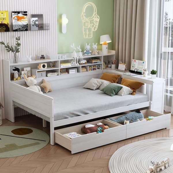 Pace Multi-functional Antique White Full Size Wooden Daybed with Desk, Storage Shelves, and Drawers
