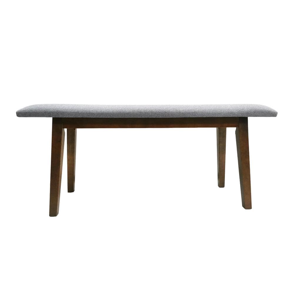 Gray Upholstered Walnut Wood Mid-Century Dining Bench
