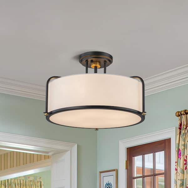 Scarlett 17.7 in. 5-Light Black Drum Semi-Flush Mount White Fabric Shade