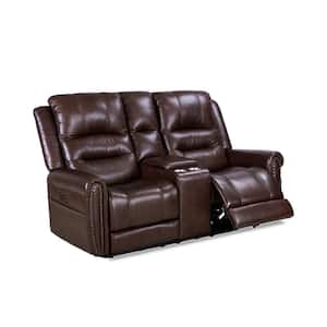 71"W Genuine Top Grain Leather Nailhead Power Reclining Loveseat With Storage Console and Adjustable Headrest in Brown