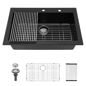 33 in. Drop-in Single Bowl Black Quartz Kitchen Sink with Bottom Grids