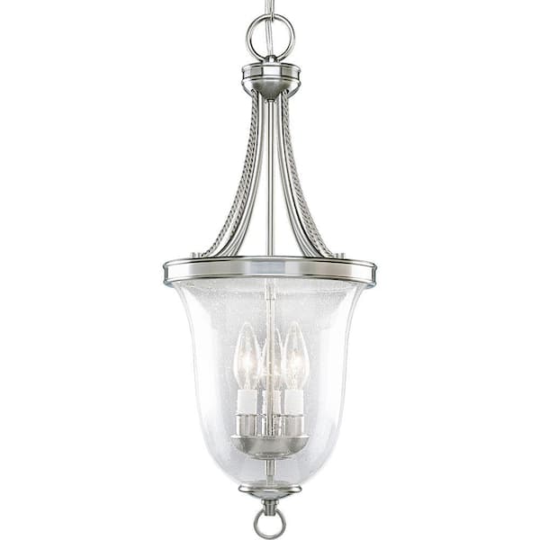 Progress Lighting Seeded Glass Collection 9.75 in. 3-Light Brushed Nickel Transitional Foyer Pendant with Clear Seeded Glass