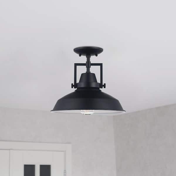 Hampton Bay Wilhelm 12 in. 1-Light Black Industrial Farmhouse Semi-Flush Mount Ceiling Light Fixture with Metal Shade