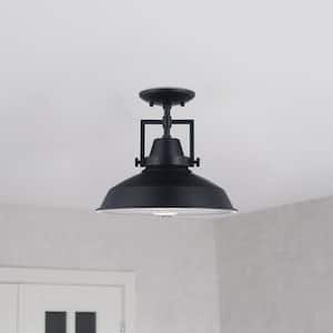 Wilhelm 12 in. 1-Light Black Industrial Farmhouse Semi-Flush Mount Ceiling Light Fixture with Metal Shade