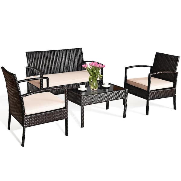 WELLFOR 4-Piece Wicker Patio Conversation Set with Beige Cushions