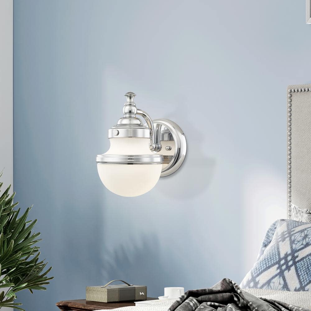 Sleek Industrial Polished Chrome 1-Light Bath Vanity with Hand Blown Opal Glass