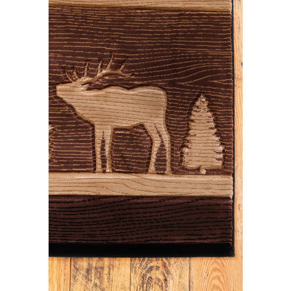 Hand-Carved Brown Lodge Rug with Deer and Tree Design, 31" x 50"