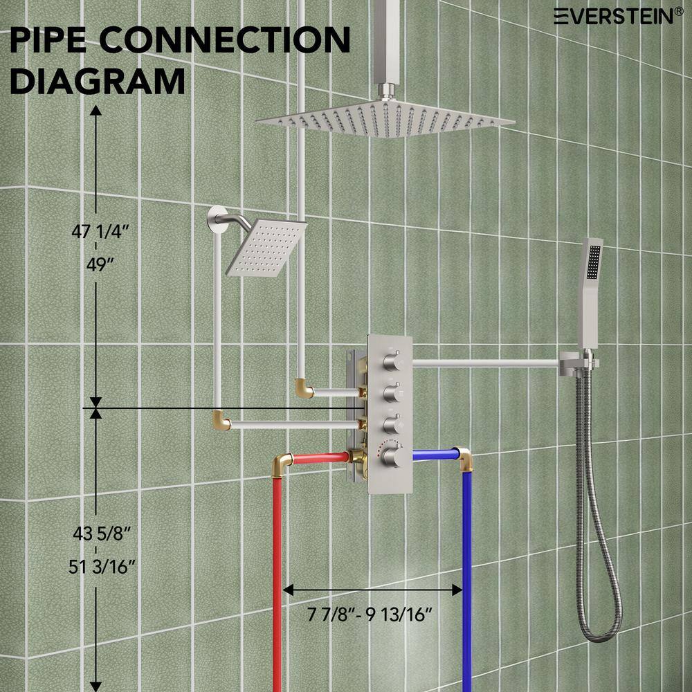 Brushed Nickel Dual Shower Head System with Thermostatic Valve
