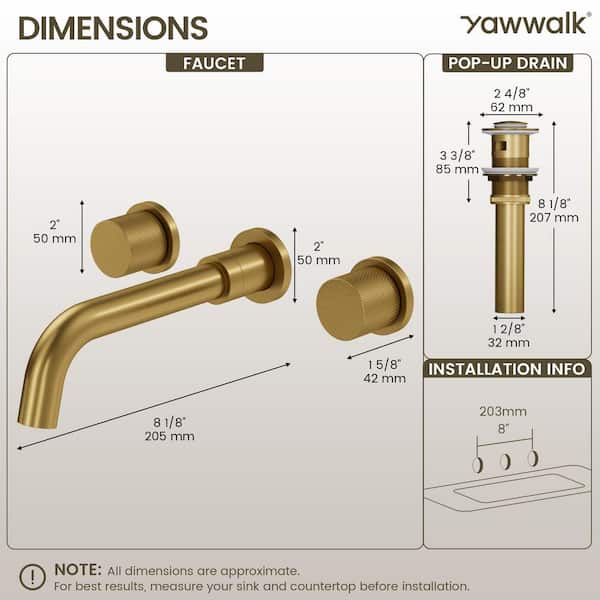 YAWWALK Wall Mount Bathroom Faucet with 2 Handles, Pop-Up Drain