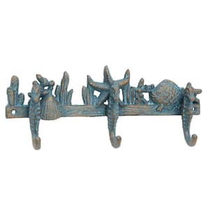 11 in. x 5 in. Worn Turquoise Pat in.a Cast Iron Seahorse Wall Hooks