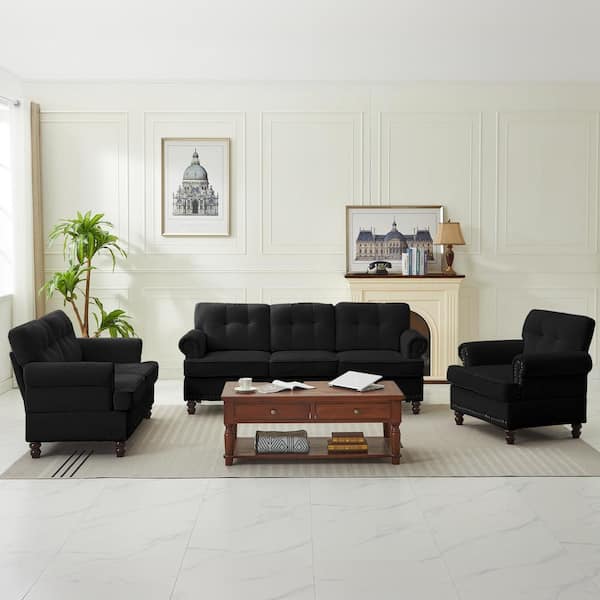 JEAREY Modern 3-Piece Black Chenille Living Room Set with Nailhead Trim and Rubberwood Legs