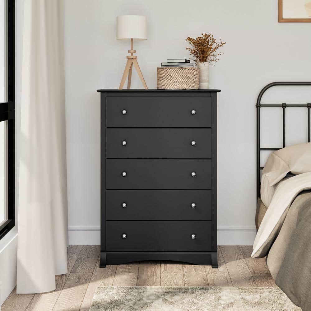 Black 5-Drawer Tall Chest with Silver Knobs