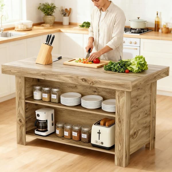 Halseey Light Wood Color 55 in. Kitchen Island with Storage, Farmhouse Stationary Island Table Counter Height Bar Table