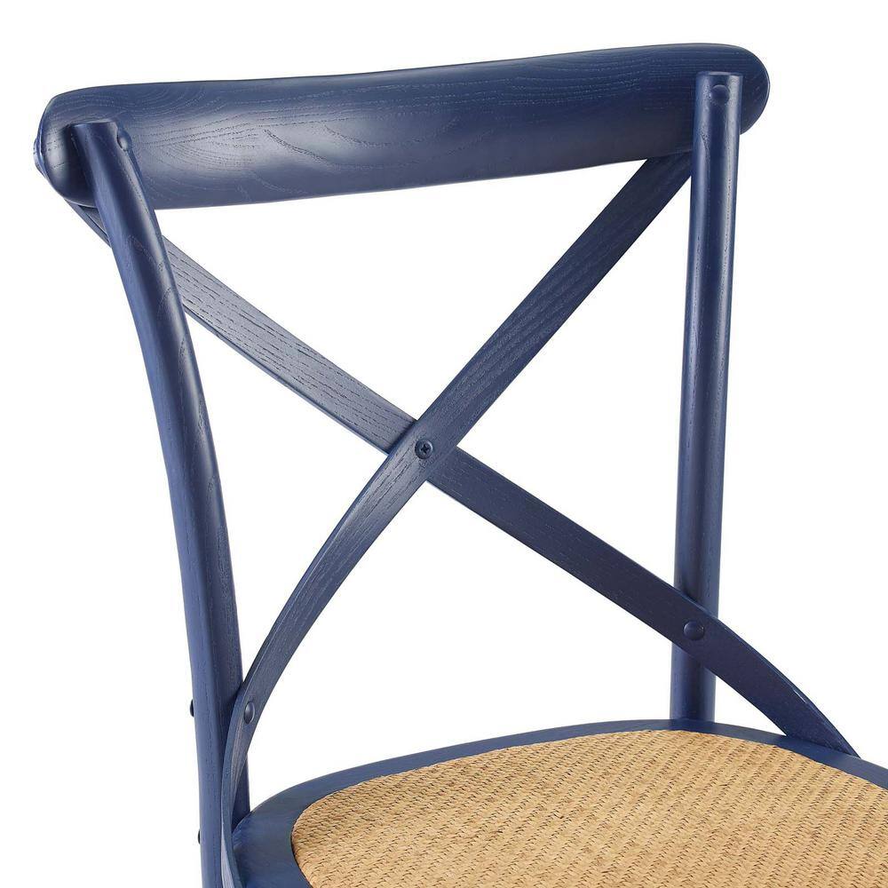 Midnight Blue Rustic Farmhouse Elm Wood Side Chair with Rattan Seat